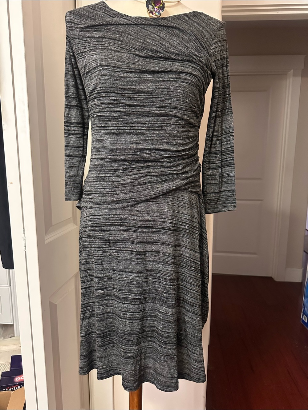 Renee C. Space Dye Ruched Boat Neck Dress Grey Black L NWOT